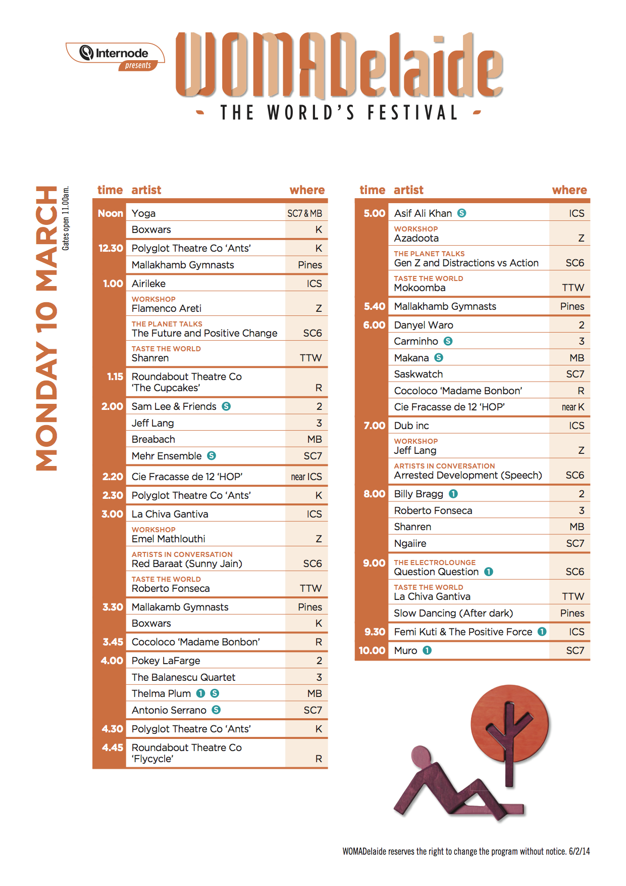 WOMADelaide 2014 Timetable - Monday