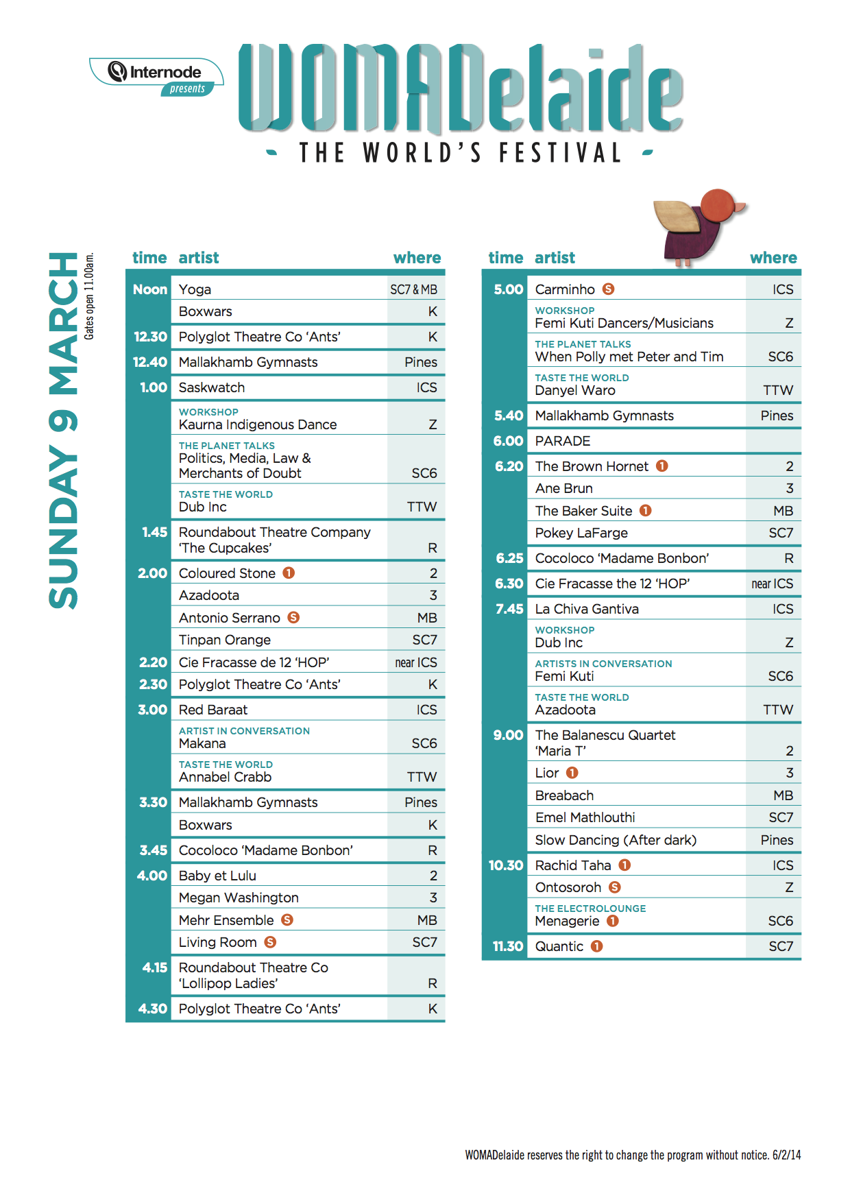 WOMADelaide 2014 Timetable - Sunday